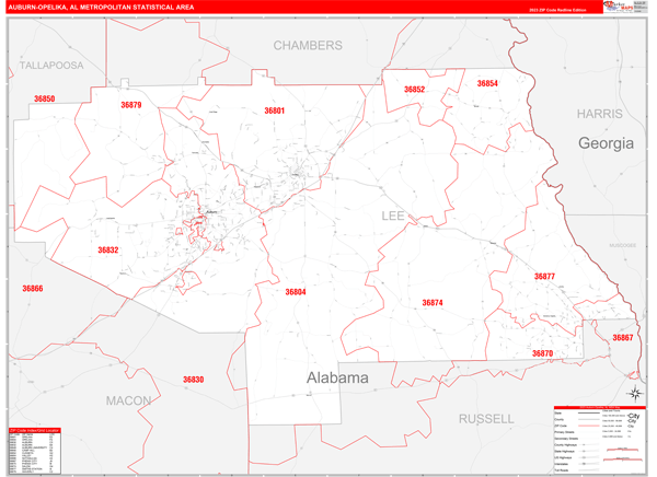 Auburn-Opelika Metro Area Digital Map Red Line Style